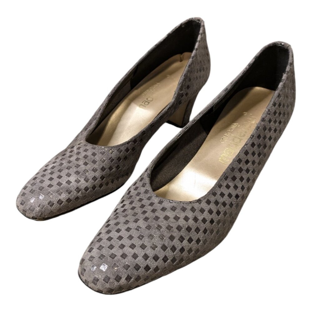 Vintage Magdesians Women's Pump Heels 90s Gray Black Suede Checkered Size 9